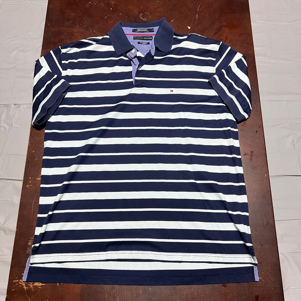 Tommy Hilfiger Mens XL Blue Striped Mercerized Cotton Short Sleeve Polo Shirt
